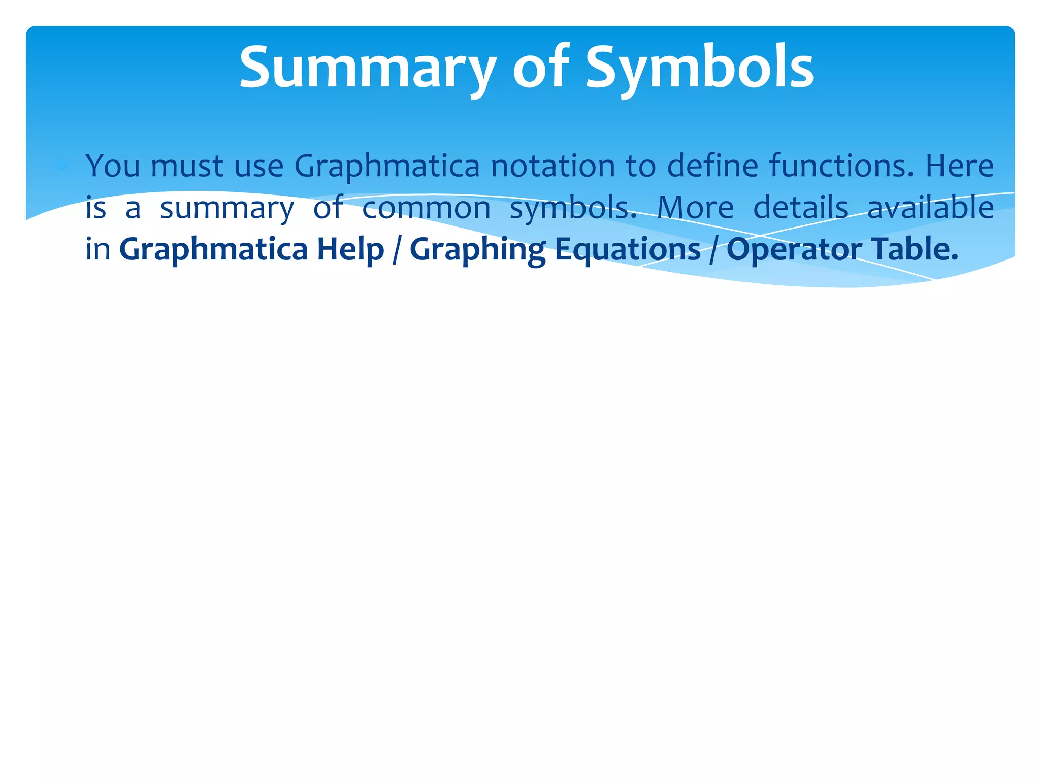 You must use Graphmatica notation to define functions. Here
is a summary of common symbols. More details available
in Graphmatica Help / Graphing Equations / Operator Table.
Summary of Symbols
 
