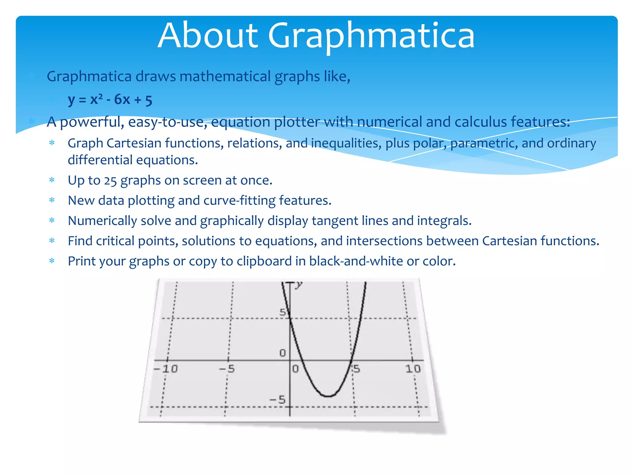 Graphmatica draws mathematical graphs like,
y = x2 - 6x + 5
A powerful, easy-to-use, equation plotter with numerical and calculus features:
Graph Cartesian functions, relations, and inequalities, plus polar, parametric, and ordinary
differential equations.
Up to 25 graphs on screen at once.
New data plotting and curve-fitting features.
Numerically solve and graphically display tangent lines and integrals.
Find critical points, solutions to equations, and intersections between Cartesian functions.
Print your graphs or copy to clipboard in black-and-white or color.
About Graphmatica
 
