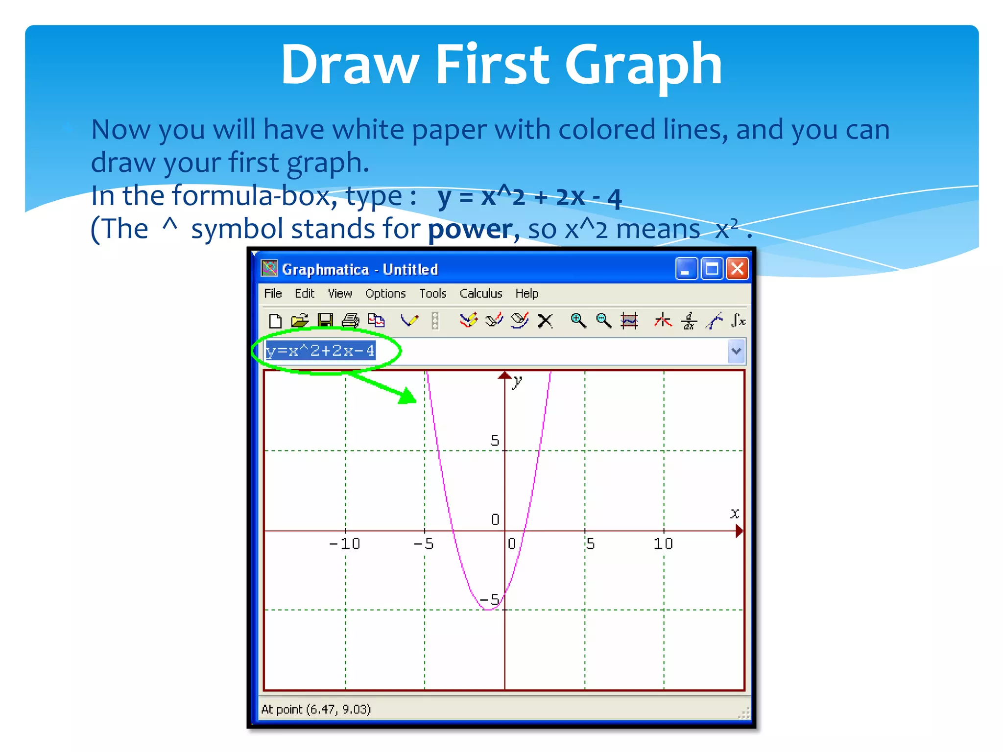 Now you will have white paper with colored lines, and you can
draw your first graph.
In the formula-box, type : y = x^2 + 2x - 4
(The ^ symbol stands for power, so x^2 means x2 .
Draw First Graph
 