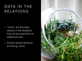 D ATA I N T H E
R E L AT I O N S
• “Joins” are first class
objects in the database
that can be queried at no
additional cost
• Certain queries become
trivial (e.g. Joins)
 