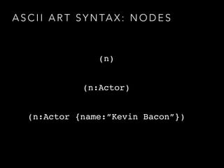 A S C I I A R T S Y N TA X : N O D E S
(n)
(n:Actor)
(n:Actor {name:”Kevin Bacon”})
 