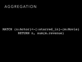 A G G R E G AT I O N
MATCH (n:Actor)<-[:starred_in]-(m:Movie)
RETURN n, sum(m.revenue)
 