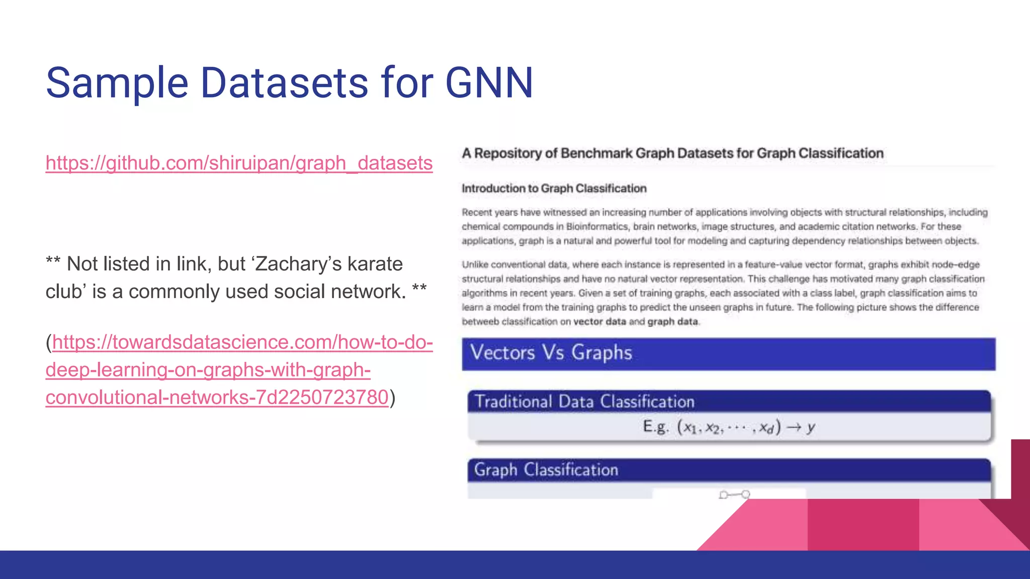 Sample Datasets for GNN https://github.com/shiruipan/graph_datasets ** Not listed in link, but ‘Zachary’s karate club’ is a commonly used social network. ** (https://towardsdatascience.com/how-to-do- deep-learning-on-graphs-with-graph- convolutional-networks-7d2250723780) 