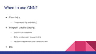 When to use GNN?
● Chemistry
○ Drugs or not (by probability)
● Program Understanding
○ Expression Statement
○ Solve problems on programming
○ Performs better than RNN-based Models!
● Etc.
 