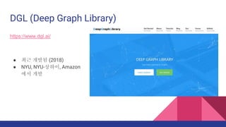 DGL (Deep Graph Library)
https://www.dgl.ai/
 ?? ??? (2018)
 NYU, NYU-???, Amazon
?? ??
 