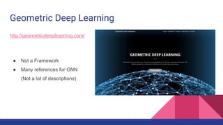 Geometric Deep Learning
http://geometricdeeplearning.com/
 Not a Framework
 Many references for GNN
(Not a lot of descriptions)
 