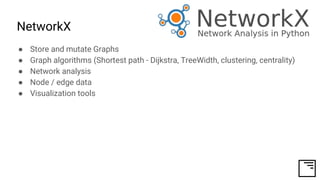 NetworkX
● Store and mutate Graphs
● Graph algorithms (Shortest path - Dijkstra, TreeWidth, clustering, centrality)
● Network analysis
● Node / edge data
● Visualization tools
 