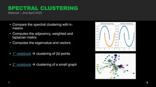 18
• Compare the spectral clustering with k-
means
• Computes the adjacency, weighted and
laplacian matrix
• Computes the eigenvalue and vectors
• 1° notebook  clustering of 2d points
• 2° notebook  clustering of a small graph
SPECTRAL CLUSTERING
Webinar – 2nd April 2020
 