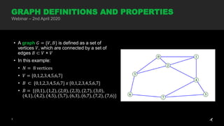 3
• A graph 𝐺 = {𝑉, 𝐵} is defined as a set of
vertices 𝑉, which are connected by a set of
edges 𝐵 ⊂ 𝑉 × 𝑉
• In this example:
• 𝑁 = 8 vertices
• 𝑉 = {0,1,2,3,4,5,6,7}
• 𝐵 ⊂ {0,1,2,3,4,5,6,7} 𝑥 {0,1,2,3,4,5,6,7}
• 𝐵 = {(0,1), (1,2), (2,0), (2,3), (2,7), (3,0),
(4,1), (4,2), (4,5), (5,7), (6,3), (6,7), (7,2), (7,6)}
GRAPH DEFINITIONS AND PROPERTIES
Webinar – 2nd April 2020
 