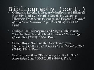 Bibliography (cont.)• O'English, Lorena, J. Gregory Matthews, and Elizabeth
Blakesly Lindsay. "Graphic Novels in Academic
Libraries: From Maus to Manga and Beyond." Journal
of Adademic Librarianship. 32.2 (2006): 173-182.
Print.
• Rudiger, Hollis Margaret, and Megan Schliesman.
"Graphic Novels and School Libraries." Knowledge
Quest. 36.2 (2007): 57-59. Print.
• Samet, Raya. "Get Graphic Novels into your
Elementary Collection." School Library Monthly. 26.5
(2010): 12-13. Print.
• Seyfried, Jonathan. "Reinventing the Book Club."
Knowledge Quest. 36.3 (2008): 44-48. Print.
 