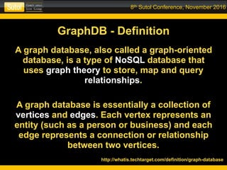 8th Sutol Conference, November 2016
GraphDB - Definition
A graph database, also called a graph-oriented
database, is a typ...
