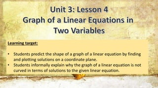 Learning target:
• Students predict the shape of a graph of a linear equation by finding
and plotting solutions on a coordinate plane.
• Students informally explain why the graph of a linear equation is not
curved in terms of solutions to the given linear equation.
 