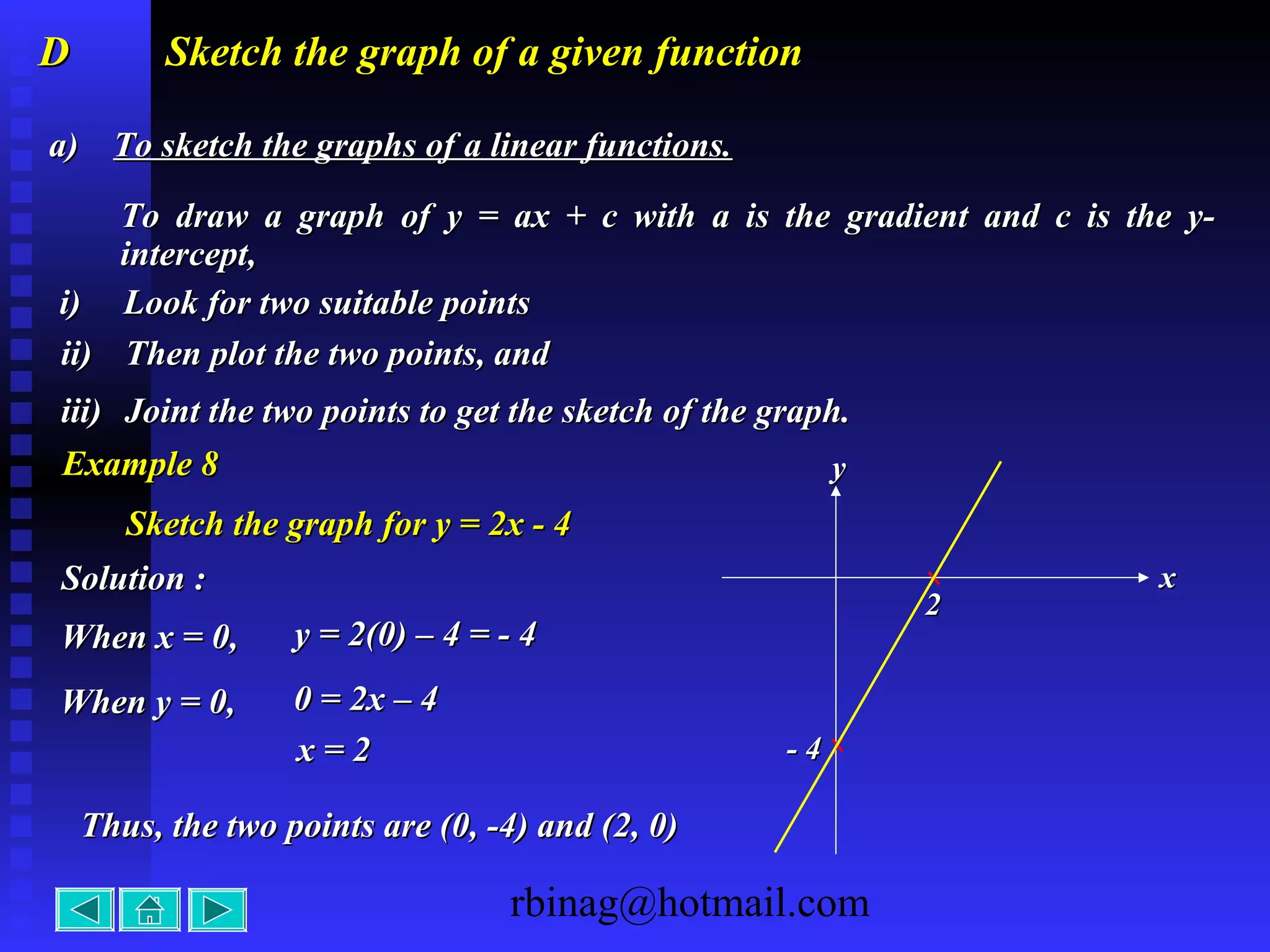 rbinag@hotmail.com
a)a) To sketch the graphs of a linear functions.To sketch the graphs of a linear functions.
DD Sketch the graph of a given functionSketch the graph of a given function
To draw a graph of y = ax + c with a is the gradient and c is the y-To draw a graph of y = ax + c with a is the gradient and c is the y-
intercept,intercept,
i)i) Look for two suitable pointsLook for two suitable points
ii)ii) Then plot the two points, andThen plot the two points, and
iii)iii) Joint the two points to get the sketch of the graph.Joint the two points to get the sketch of the graph.
Example 8Example 8
Sketch the graph for y = 2x - 4Sketch the graph for y = 2x - 4
Solution :Solution :
When x = 0,When x = 0, y = 2(0) – 4 = - 4y = 2(0) – 4 = - 4
When y = 0,When y = 0, 0 = 2x – 40 = 2x – 4
x = 2x = 2
xx
yy
22
- 4- 4
Thus, the two points are (0, -4) and (2, 0)Thus, the two points are (0, -4) and (2, 0)
 