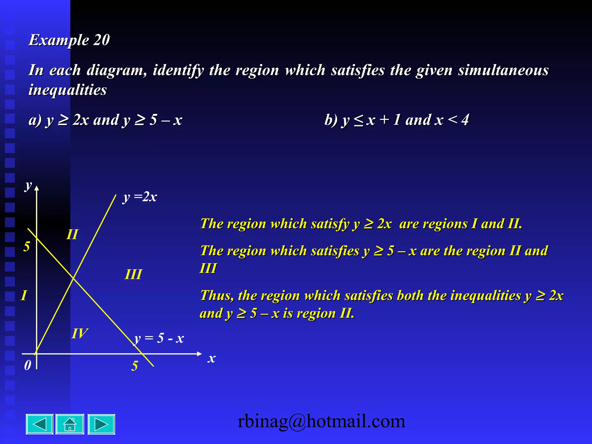 rbinag@hotmail.com
Example 20Example 20
In each diagram, identify the region which satisfies the given simultaneousIn each diagram, identify the region which satisfies the given simultaneous
inequalitiesinequalities
a) ya) y ≥≥ 2x and y2x and y ≥≥ 5 – x5 – x b) y ≤ x + 1 and x < 4b) y ≤ x + 1 and x < 4
II
5
x
0
y
I
5
y =2x
IV
III
y = 5 - x
The region which satisfy yThe region which satisfy y ≥≥ 2x are regions I and II.2x are regions I and II.
The region which satisfies yThe region which satisfies y ≥≥ 5 – x are the region II and5 – x are the region II and
IIIIII
Thus, the region which satisfies both the inequalities yThus, the region which satisfies both the inequalities y ≥≥ 2x2x
and yand y ≥≥ 5 – x is region II.5 – x is region II.
 