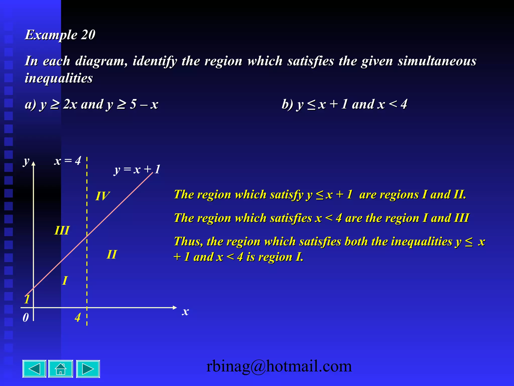 rbinag@hotmail.com
Example 20Example 20
In each diagram, identify the region which satisfies the given simultaneousIn each diagram, identify the region which satisfies the given simultaneous
inequalitiesinequalities
a) ya) y ≥≥ 2x and y2x and y ≥≥ 5 – x5 – x b) y ≤ x + 1 and x < 4b) y ≤ x + 1 and x < 4
II
4 x
0
y
I
1
y = x + 1
IV
III
x = 4
The region which satisfy yThe region which satisfy y ≤ x + 1 are regions I and II.≤ x + 1 are regions I and II.
The region which satisfies x < 4 are the region I and IIIThe region which satisfies x < 4 are the region I and III
Thus, the region which satisfies both the inequalities yThus, the region which satisfies both the inequalities y ≤ x≤ x
+ 1 and x < 4 is region I.+ 1 and x < 4 is region I.
 