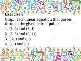 Exercise 8
Graph each linear equation that passes
through the given pair of points.
1. (1, 2) and (3, 4)
2. (5, 6) and (0, 11)
3. (-2, ) and (, -)
4. (-, -) and (, )
 