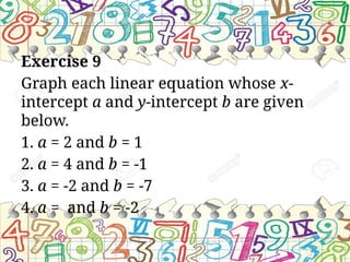 Exercise 9
Graph each linear equation whose x-
intercept a and y-intercept b are given
below.
1. a = 2 and b = 1
2. a = 4 and b = -1
3. a = -2 and b = -7
4. a = and b = -2
 