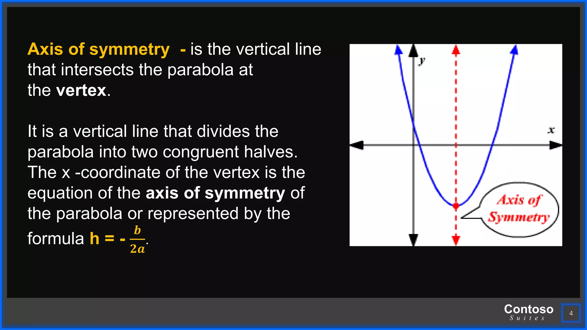 Contoso
S u i t e s
4
Axis of symmetry - is the vertical line
that intersects the parabola at
the vertex.
It is a vertical line that divides the
parabola into two congruent halves.
The x -coordinate of the vertex is the
equation of the axis of symmetry of
the parabola or represented by the
formula h = -
𝒃
𝟐𝒂
.
 
