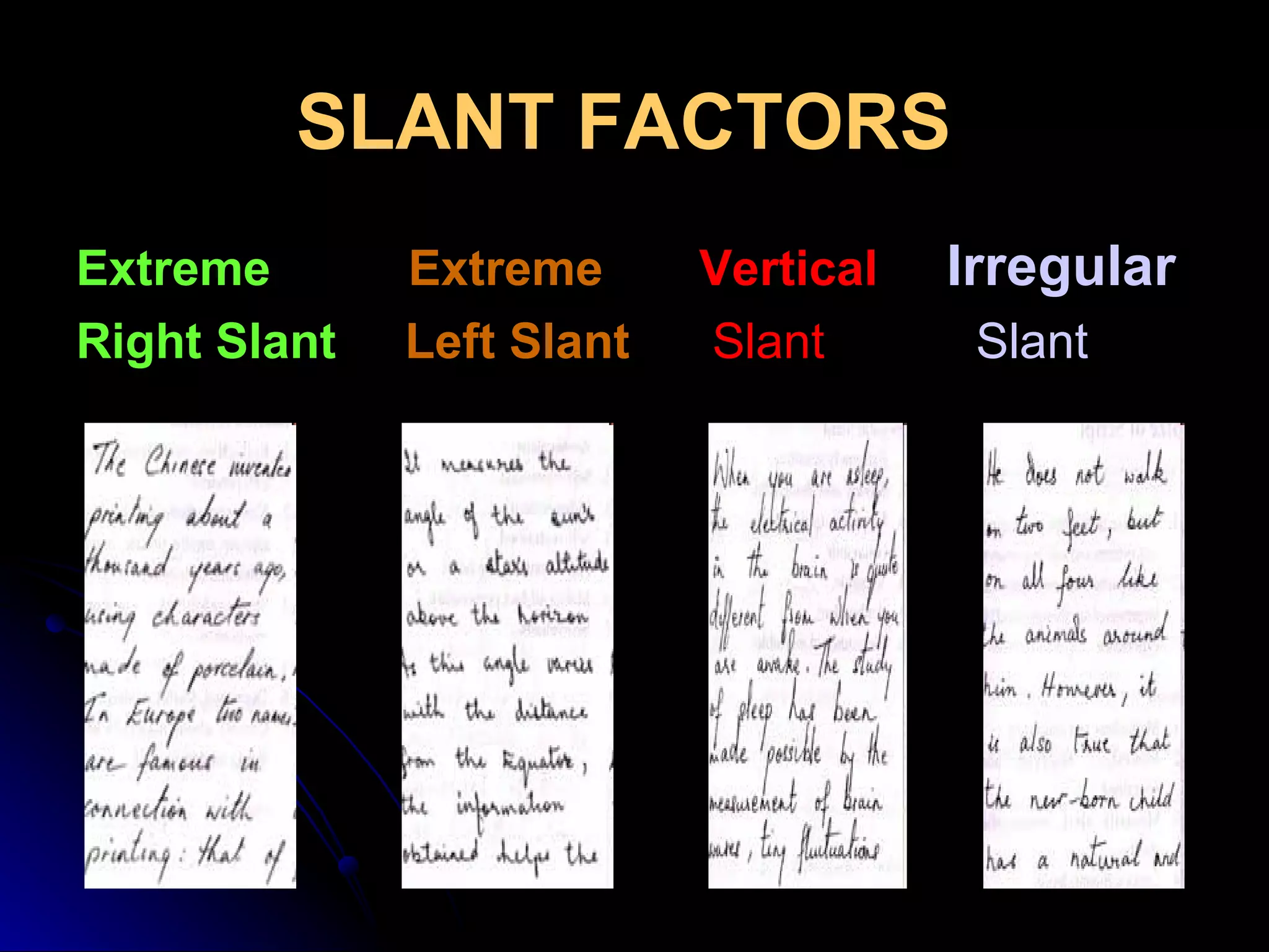 SLANT FACTORS   Extreme   Extreme  Vertical   Irregular   Right Slant   Left Slant   Slant  Slant 