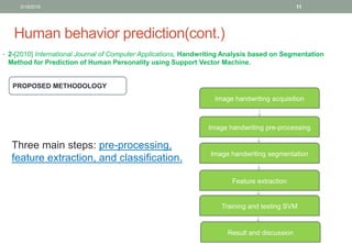 Human behavior prediction(cont.)
• 2-[2010] International Journal of Computer Applications, Handwriting Analysis based on Segmentation
Method for Prediction of Human Personality using Support Vector Machine.
PROPOSED METHODOLOGY
Result and discussion
Training and testing SVM
Feature extraction
Image handwriting segmentation
Image handwriting pre-processing
Image handwriting acquisition
Three main steps: pre-processing,
feature extraction, and classification.
3/19/2016 11
 