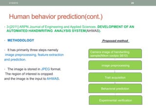 Human behavior prediction(cont.)
• 3-[2011] ARPN Journal of Engineering and Applied Sciences ,DEVELOPMENT OF AN
AUTOMATED HANDWRITING ANALYSIS SYSTEM(AHWAS).
• METHODOLOGY
• It has primarily three steps namely
image preprocessing, feature extraction
and prediction.
• The image is stored in JPEG format.
The region of interest is cropped
and the image is the input to AHWAS.
Experimental verification
Behavioral prediction
Trait acquisition
image preprocessing
Camera image of handwriting
sample(Nikon coolpix S610)
Proposed method
3/19/2016 20
 