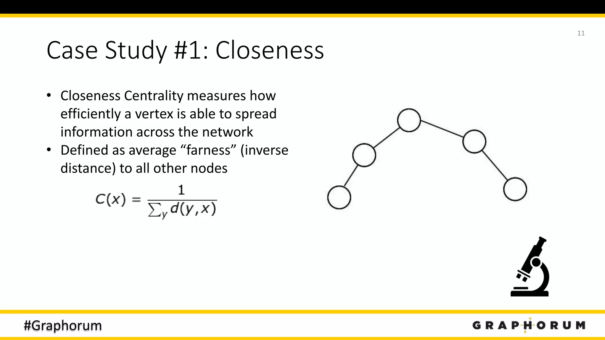 #Graphorum
Case Study #1: Closeness
11
• Closeness Centrality measures how
efficiently a vertex is able to spread
information across the network
• Defined as average “farness” (inverse
distance) to all other nodes
 
