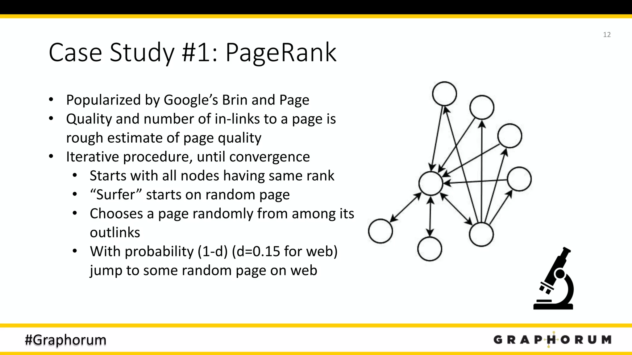 #Graphorum
Case Study #1: PageRank
12
• Popularized by Google’s Brin and Page
• Quality and number of in-links to a page is
rough estimate of page quality
• Iterative procedure, until convergence
• Starts with all nodes having same rank
• “Surfer” starts on random page
• Chooses a page randomly from among its
outlinks
• With probability (1-d) (d=0.15 for web)
jump to some random page on web
 