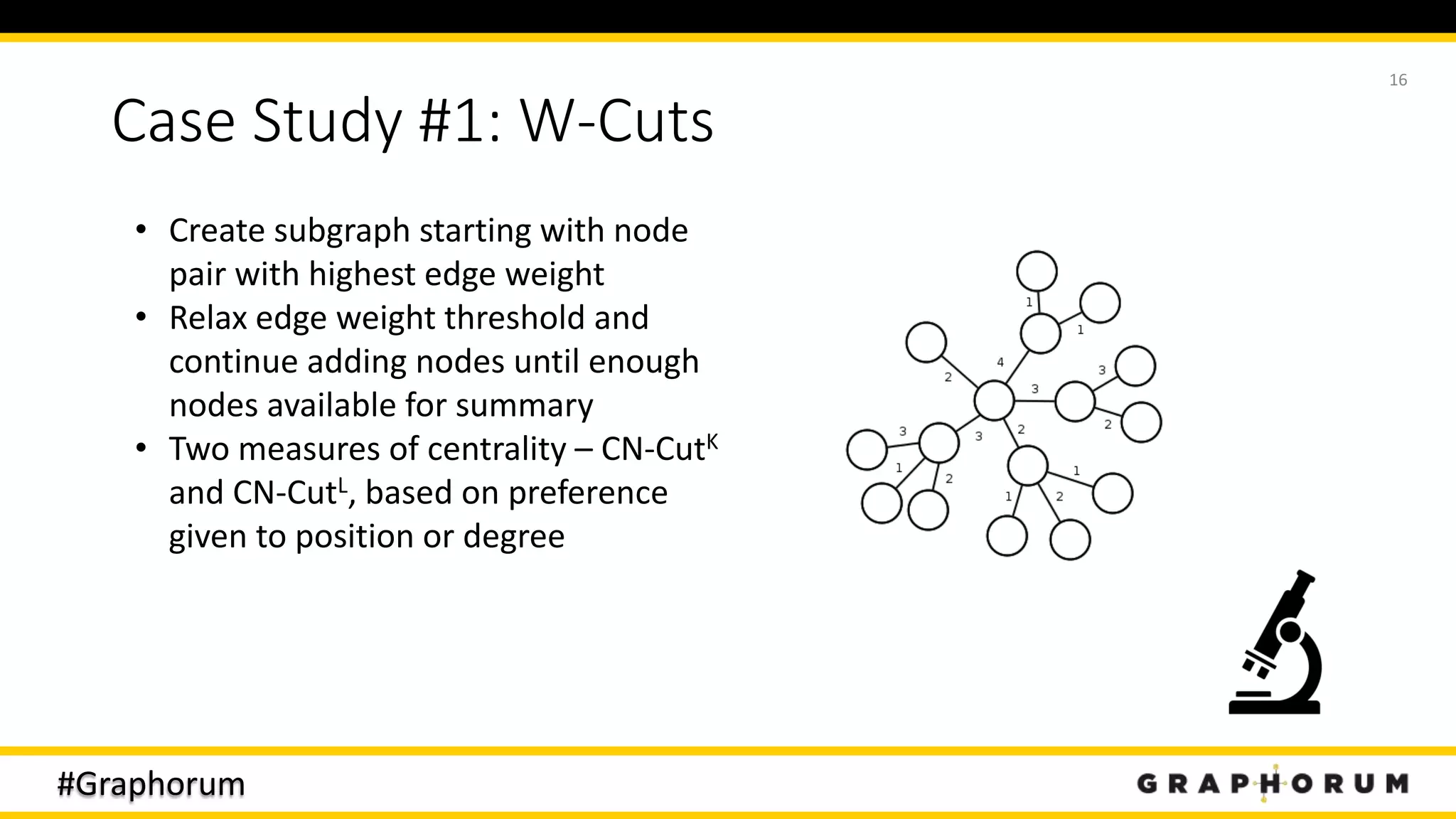 #Graphorum
Case Study #1: W-Cuts
16
• Create subgraph starting with node
pair with highest edge weight
• Relax edge weight threshold and
continue adding nodes until enough
nodes available for summary
• Two measures of centrality – CN-CutK
and CN-CutL, based on preference
given to position or degree
 