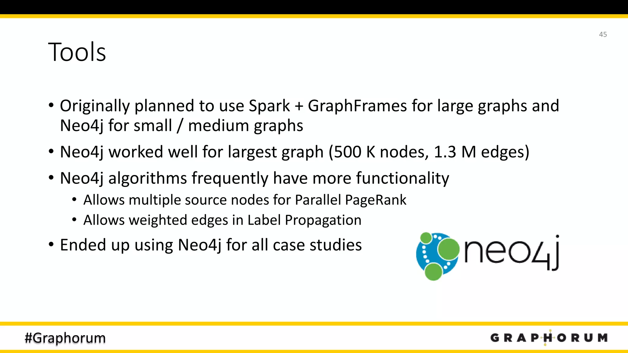 #Graphorum
Tools
• Originally planned to use Spark + GraphFrames for large graphs and
Neo4j for small / medium graphs
• Neo4j worked well for largest graph (500 K nodes, 1.3 M edges)
• Neo4j algorithms frequently have more functionality
• Allows multiple source nodes for Parallel PageRank
• Allows weighted edges in Label Propagation
• Ended up using Neo4j for all case studies
45
 