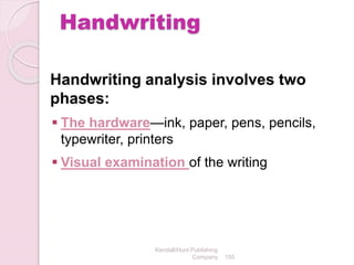 Kendall/Hunt Publishing
Company 155
Handwriting
Handwriting analysis involves two
phases:
 The hardware—ink, paper, pens, pencils,
typewriter, printers
 Visual examination of the writing
 