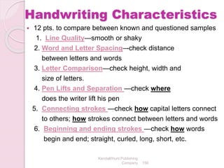 Kendall/Hunt Publishing
Company 156
Handwriting Characteristics
 12 pts. to compare between known and questioned samples
1. Line Quality—smooth or shaky
2. Word and Letter Spacing–-check distance
between letters and words
3. Letter Comparison—check height, width and
size of letters.
4. Pen Lifts and Separation —check where
does the writer lift his pen
5. Connecting strokes —check how capital letters connect
to others; how strokes connect between letters and words
6. Beginning and ending strokes —check how words
begin and end; straight, curled, long, short, etc.
 