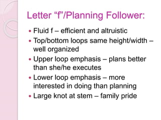 Letter “f”/Planning Follower:
 Fluid f – efficient and altruistic
 Top/bottom loops same height/width –
well organized
 Upper loop emphasis – plans better
than she/he executes
 Lower loop emphasis – more
interested in doing than planning
 Large knot at stem – family pride
 