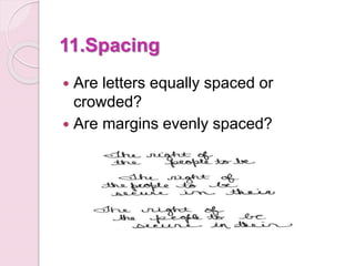 11.Spacing
 Are letters equally spaced or
crowded?
 Are margins evenly spaced?
 