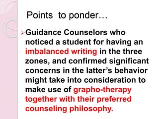 Points to ponder…
Guidance Counselors who
noticed a student for having an
imbalanced writing in the three
zones, and confirmed significant
concerns in the latter’s behavior
might take into consideration to
make use of grapho-therapy
together with their preferred
counseling philosophy.
 