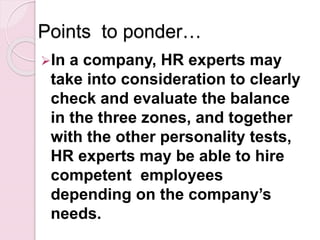 Points to ponder…
In a company, HR experts may
take into consideration to clearly
check and evaluate the balance
in the three zones, and together
with the other personality tests,
HR experts may be able to hire
competent employees
depending on the company’s
needs.
 
