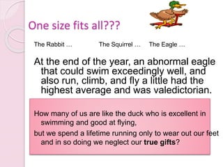 262
One size fits all???
The Rabbit … The Squirrel … The Eagle …
At the end of the year, an abnormal eagle
that could swim exceedingly well, and
also run, climb, and fly a little had the
highest average and was valedictorian.
How many of us are like the duck who is excellent in
swimming and good at flying,
but we spend a lifetime running only to wear out our feet
and in so doing we neglect our true gifts?
 