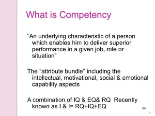 54
54
What is Competency
“An underlying characteristic of a person
which enables him to deliver superior
performance in a given job, role or
situation”
The “attribute bundle” including the
intellectual, motivational, social & emotional
capability aspects
A combination of IQ & EQ& RQ Recently
known as I & I= RQ+IQ+EQ
 