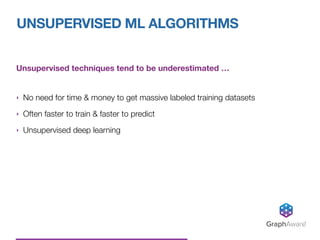 Unsupervised techniques tend to be underestimated …
‣ No need for time & money to get massive labeled training datasets
‣ Often faster to train & faster to predict
‣ Unsupervised deep learning
UNSUPERVISED ML ALGORITHMS
GraphAware®
 