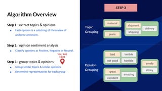 Algorithm Overview
Step 1: extract topics & opinions
■ Each opinion is a substring of the review of
uniform sentiment.
Step 2: opinion sentiment analysis
■ Classify opinions as Positive, Negative or Neutral.
Step 3: group topics & opinions
■ Group similar topics & similar opinions
■ Determine representatives for each group
STEP 3
shipment
shipping
delivery
material
jeans
Topic
Grouping
Opinion
Grouping
great
excellent
amazing
bad
not good
terrible
horrible
stinky
smelly
YOU ARE
HERE
 