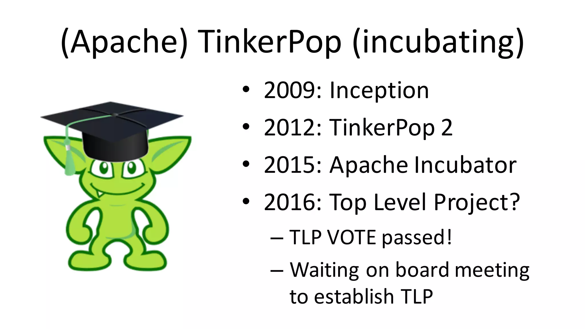 (Apache)	TinkerPop (incubating) • 2009:	Inception • 2012:	TinkerPop 2 • 2015:	Apache	Incubator • 2016:	Top	Level	Project? – TLP	VOTE	passed! – Waiting	on	board	meeting to	establish	TLP 