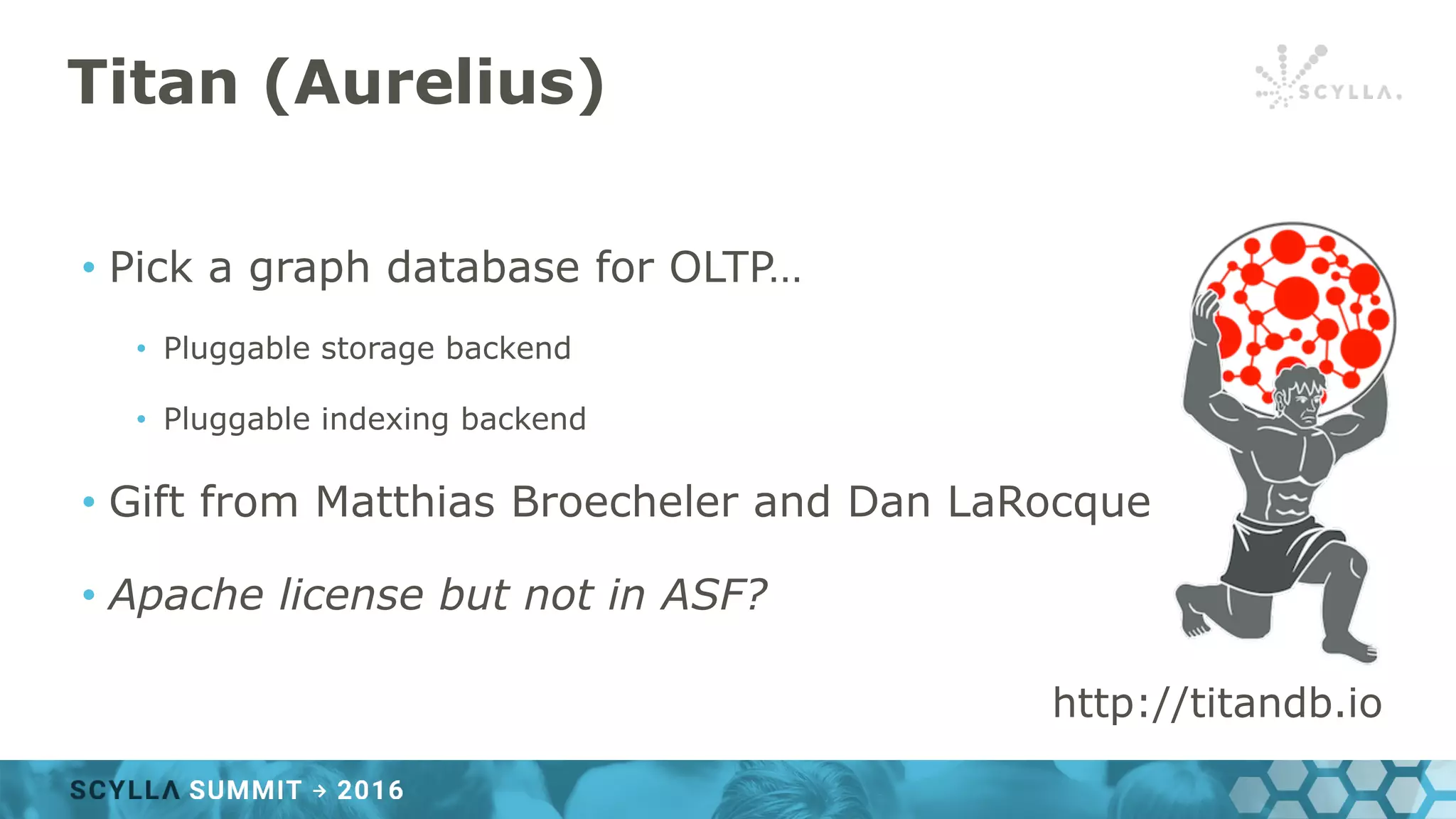 Titan (Aurelius)
• Pick a graph database for OLTP…
• Pluggable storage backend
• Pluggable indexing backend
• Gift from Matthias Broecheler and Dan LaRocque
• Apache license but not in ASF?
http://titandb.io
 