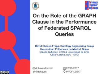 David Chaves-Fraga, Ontology Engineering Group
Universidad Politécnica de Madrid, Spain
Claudio Gutierrez, CIWS & Universidad de Chile

Oscar Corcho, OEG - UPM

On the Role of the GRAPH
Clause in the Performance
of Federated SPARQL
Queries
dchaves@email

@dchavesf
22/10/2017

PROFILES17
 