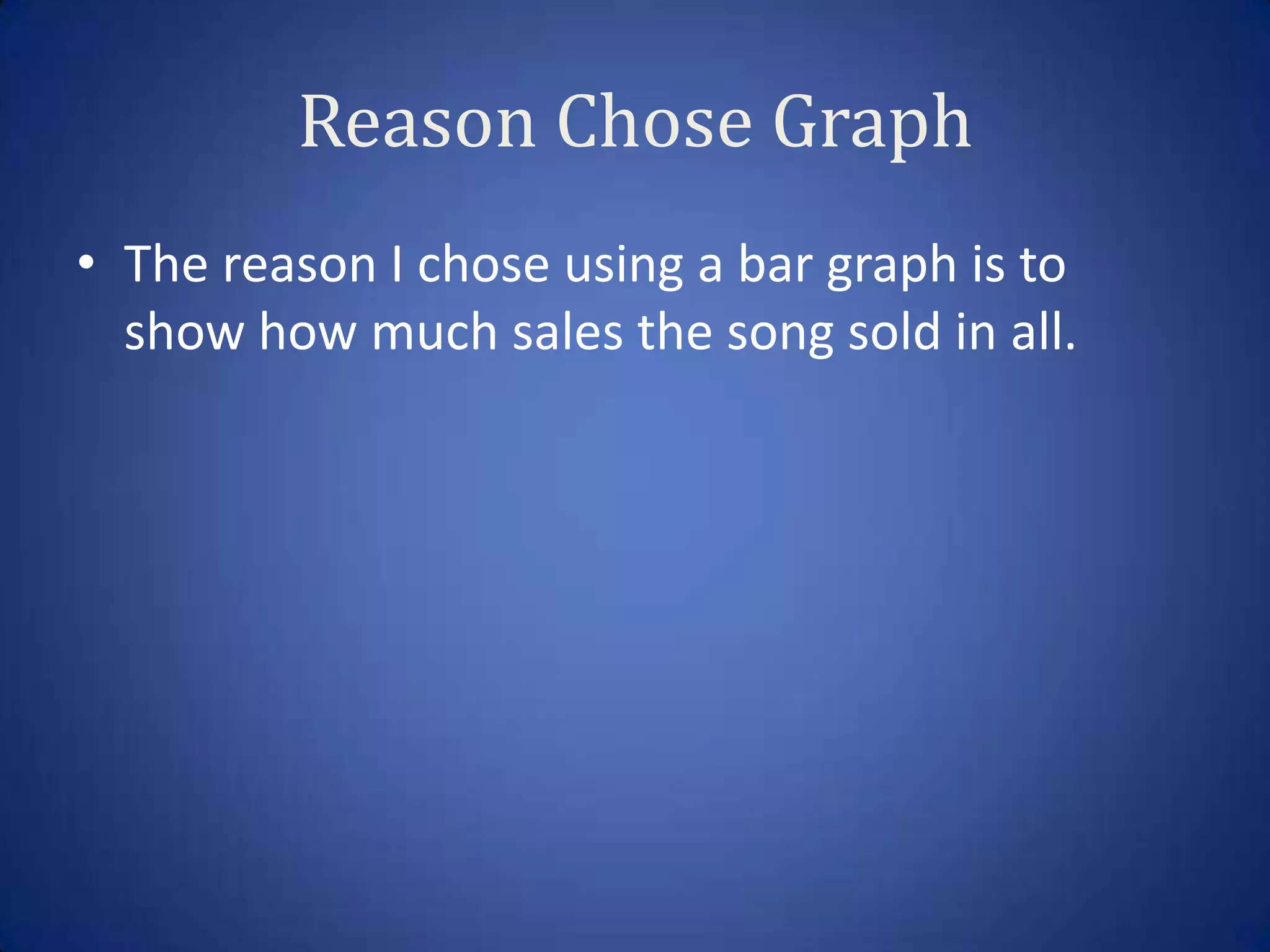 Reason Chose Graph
• The reason I chose using a bar graph is to
  show how much sales the song sold in all.
 