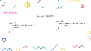Query의 기본구조
Query Language
query{
profile(id=“Lutece”) {
name
}
}
query{
Query Name(arg: value) { 
field
}
}
 