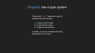 GraphQL has a type system
Three main “types” required to get an
endpoint up and running.
1. A type for the model
2. A type for the query
3. A type for the schema
In reality, it is more complex than this.
(forget about it for now)
 