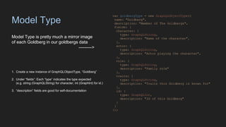 Model Type
Model Type is pretty much a mirror image
of each Goldberg in our goldbergs data
--------->
var goldbergType = new GraphQLObjectType({
name: "Goldberg",
description: "Member of The Goldbergs",
fields: {
character: {
type: GraphQLString,
description: "Name of the character",
},
actor: {
type: GraphQLString,
description: "Actor playing the character",
},
role: {
type: GraphQLString,
description: "Family role"
},
traits: {
type: GraphQLString,
description: "Traits this Goldberg is known for"
},
id: {
type: GraphQLInt,
description: "ID of this Goldberg"
}
}
});
1. Create a new instance of GraphQLObjectType, “Goldberg”
2. Under “fields”: Each “type” indicates the type expected
(e.g. string (GraphQLString) for character, int (GraphInt) for id.)
3. “description” fields are good for self-documentation
 