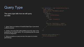 Query Type
The query type tells how we will query
our data
var queryType = new GraphQLObjectType({
name: "query",
description: "Goldberg query",
fields: {
goldberg: {
type: goldbergType,
args: {
id: {
type: GraphQLInt
}
},
resolve: function(_, args){
return getGoldberg(args.id)
}
}
}
});
function getGoldberg(id) {
return goldbergs[id]
}
1. Query Type is an instance of GraphQLObjectType, it just serves
a different purpose.
2. Create a new query field called goldberg and set its “type” to the
goldbergType we created earlier. Our new goldberg field will accept
an id as an assignment.
3. When we resolve our query we return the output of a function
getGoldberg()
 