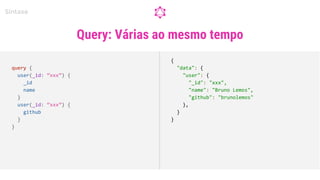 Query: Várias ao mesmo tempo
Sintaxe
query {
user(_id: “xxx”) {
_id
name
}
user(_id: “xxx”) {
github
}
}
{
"data": {
"user": {
"_id": "xxx",
"name": "Bruno Lemos",
"github": "brunolemos"
},
}
}
 