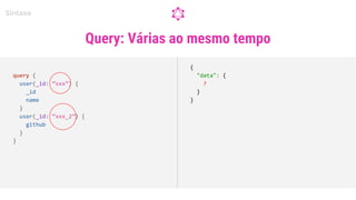 Query: Várias ao mesmo tempo
Sintaxe
query {
user(_id: “xxx”) {
_id
name
}
user(_id: “xxx_2”) {
github
}
}
{
"data": {
?
}
}
 