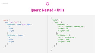 Query: Nested + Utils
Sintaxe
query {
user(_id: “xxx”) {
thumbnail: image(size: 100) {
url
width
height
}
fullPicture: image {
url
width
height
}
}
}
{
"data": {
"user": {
"thumbnail": {
"url": "thumbnail_100x100.jpg",
"width": 100,
"height": 100
},
"fullPicture": {
"url": "picture.jpg",
"width": 2048,
"height": 2048
}
}
}
}
 